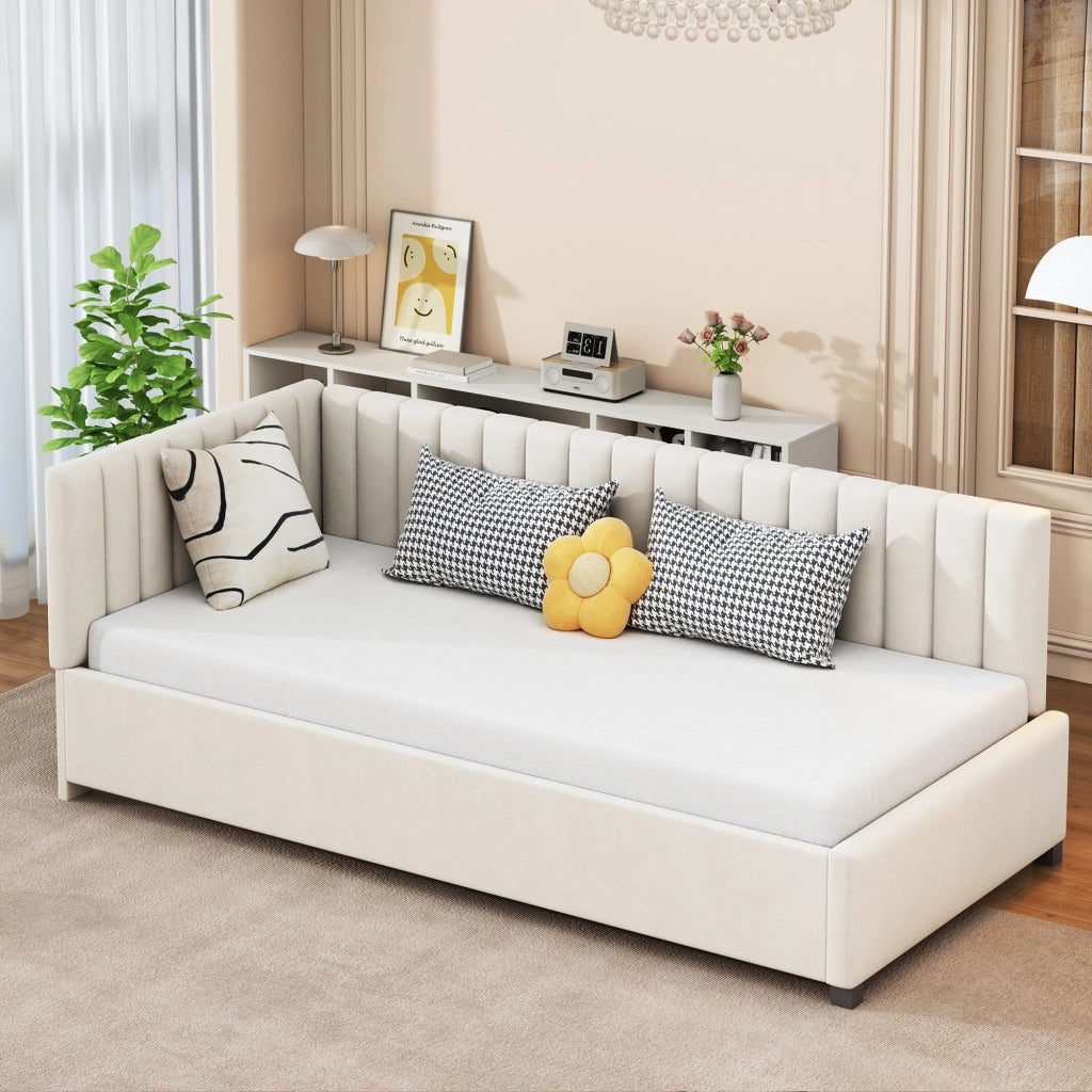 Divano letto 90 × 200 cm con rete a doghe rivestito in velluto beige struttura imbottita portata fino a 120 kg