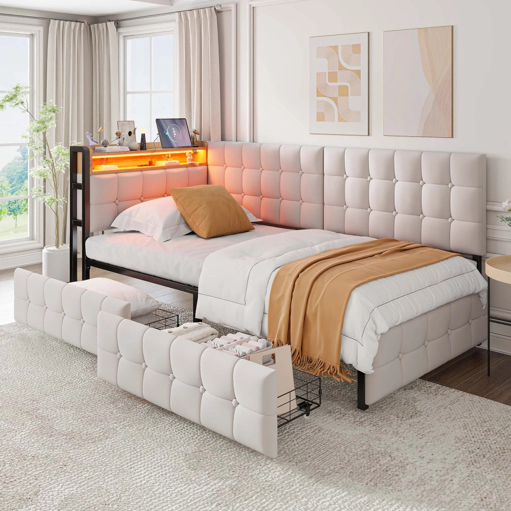 Divano letto singolo 90x200 imbottito beige con cassetti e LED