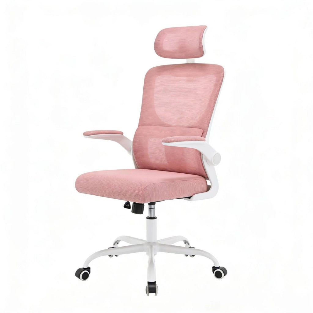 Sedia da ufficio ergonomica rosa con rete e ruote