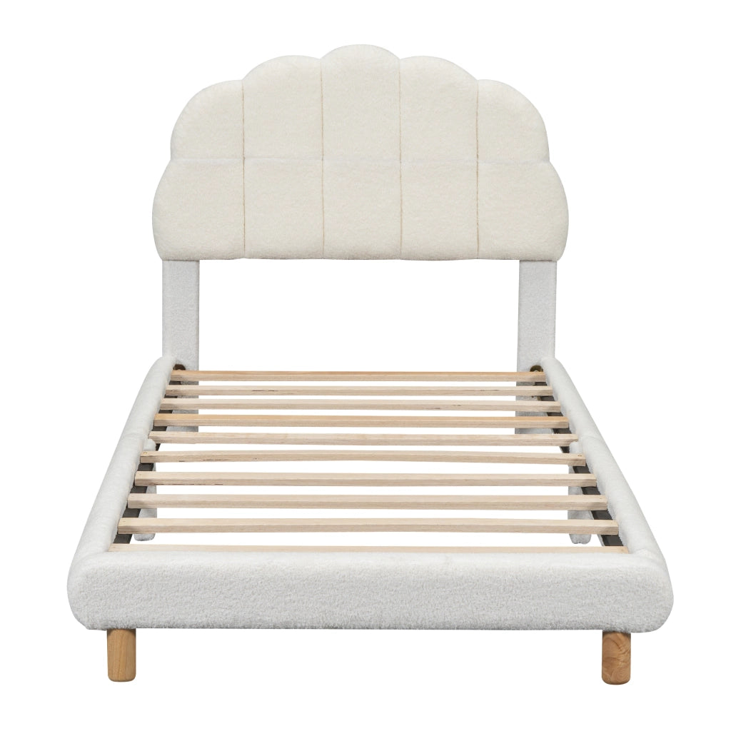 Letto singolo per bambini in peluche 90×200 cm con testiera a fiore, bianco, struttura in MDF con doghe, senza materasso