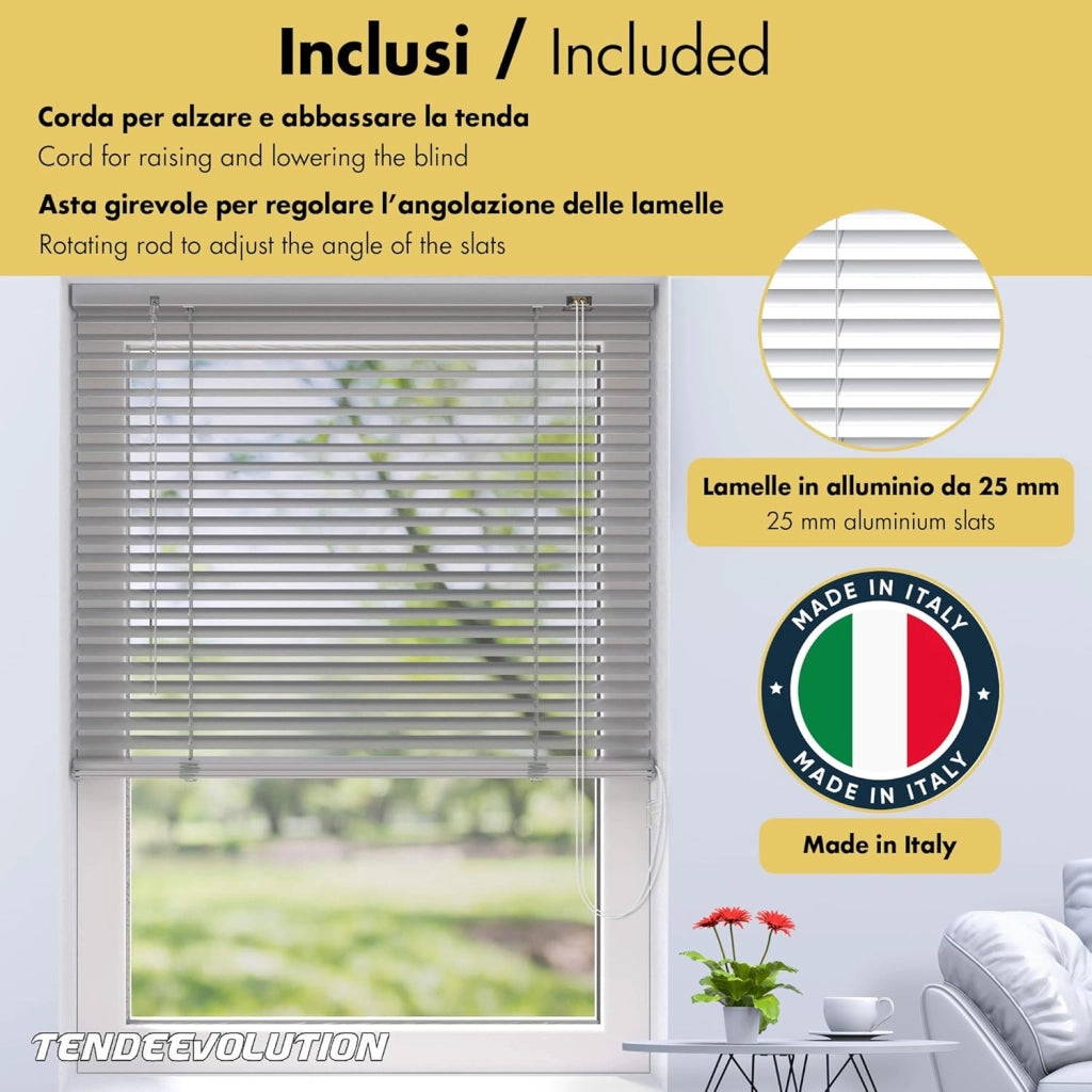 Tenda Veneziana Su Misura in Alluminio, Lamella da 25mm - Larghezza 1,25 x Altezza 1,50, Col. Bianco 001, Comando e Orientamento a Sinistra