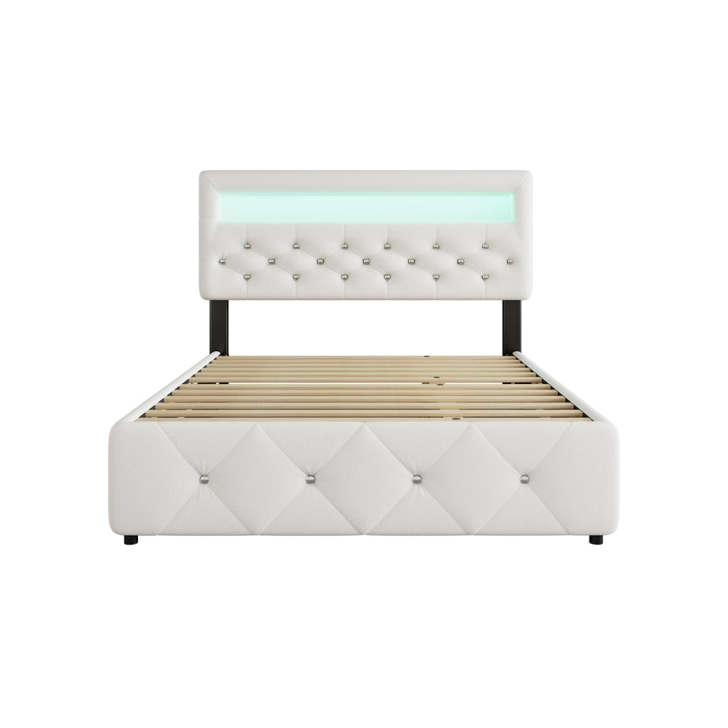Letto imbottito matrimoniale 140x200 cm (90x190 cm) con letto estraibile e 2 cassetti, comodino con barra luminosa - Bianco