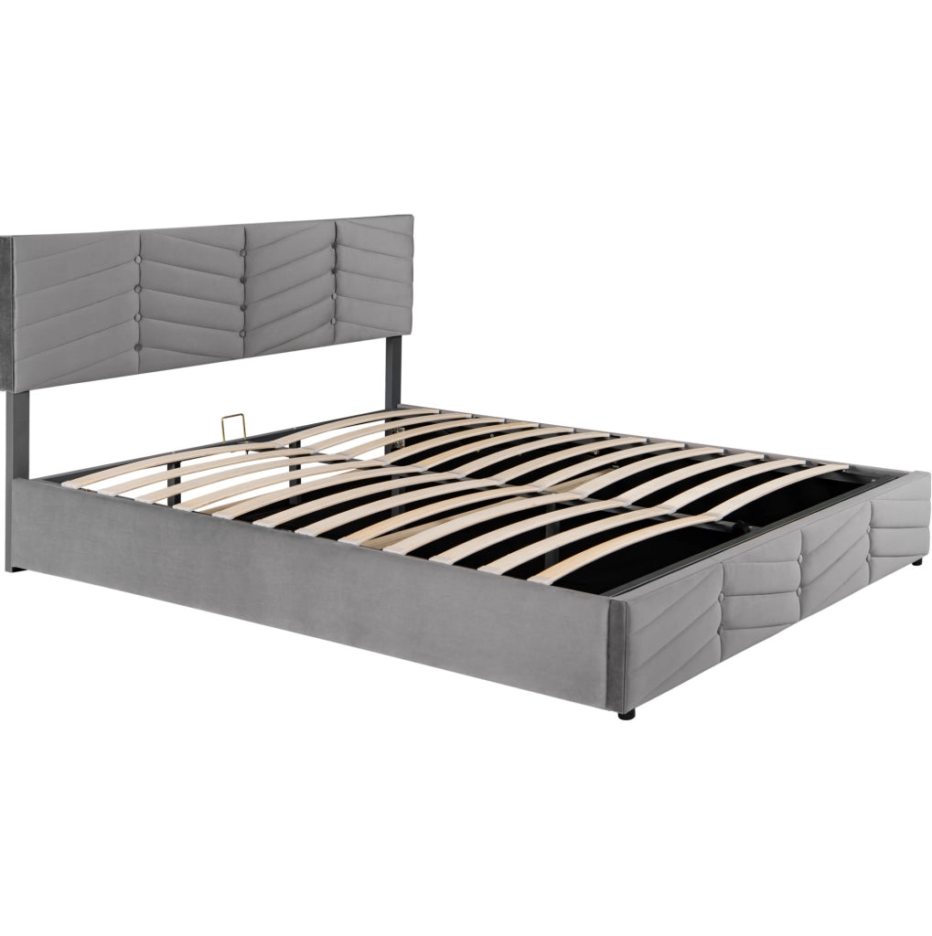 Letto imbottito 160x200 cm con contenitore idraulico in velluto grigio
