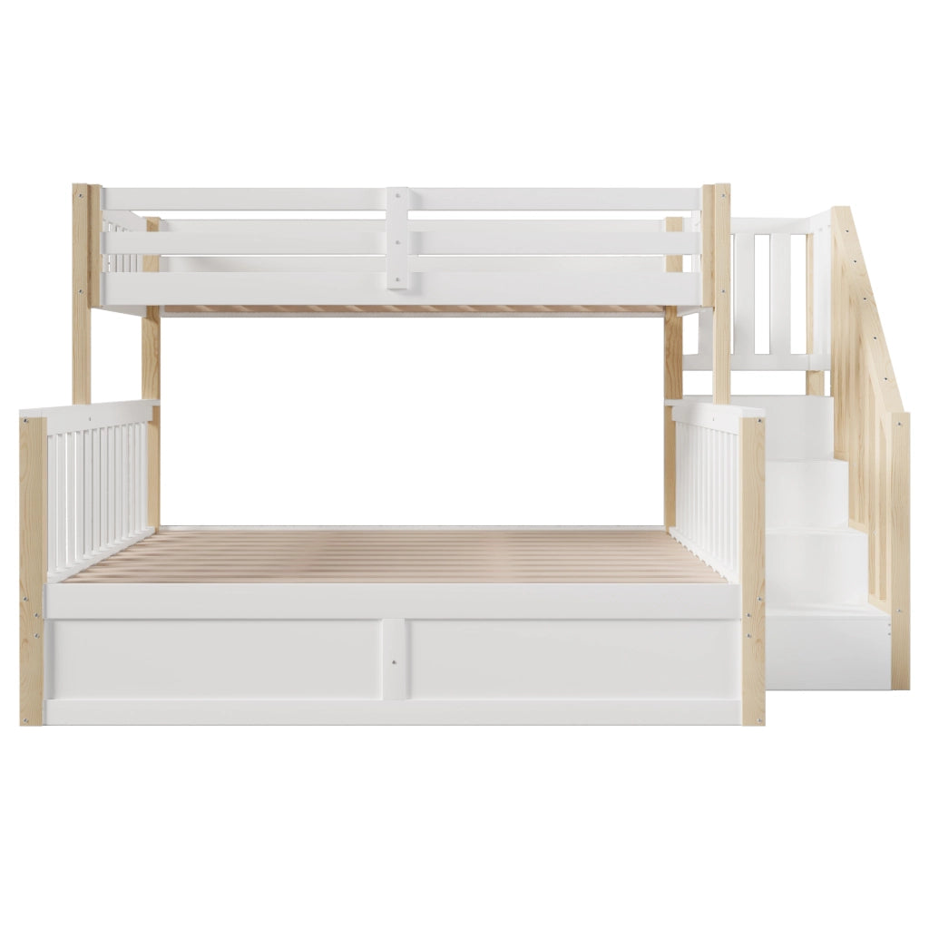 Letto a castello 90x200 e 140x200 cm con scala e contenitore idraulico; in pino e MDF; bianco e naturale per cameretta