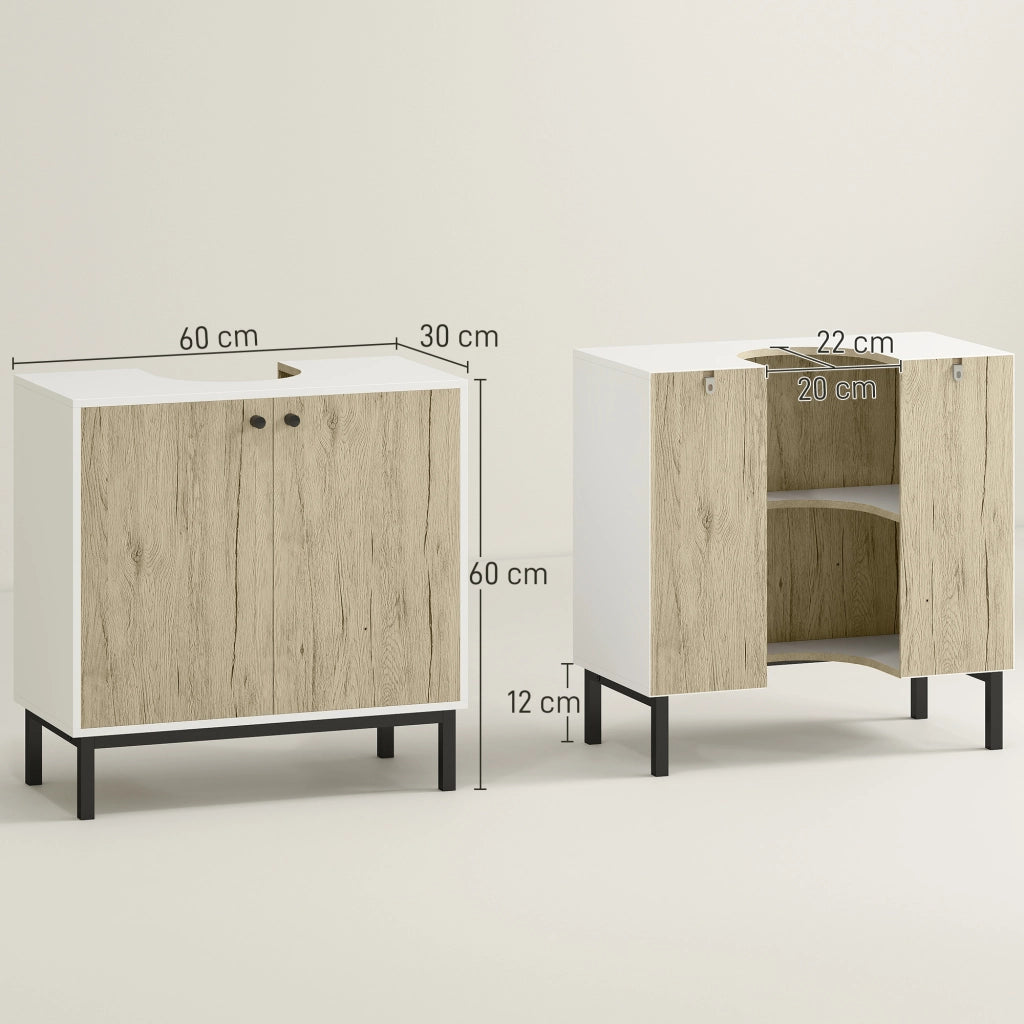 Mobile Bagno Sotto Lavabo 2 Ante con Ripiano in Truciolato e Acciaio ¨C Minimal ¨C Bianco Rovere 60x30x60 cm