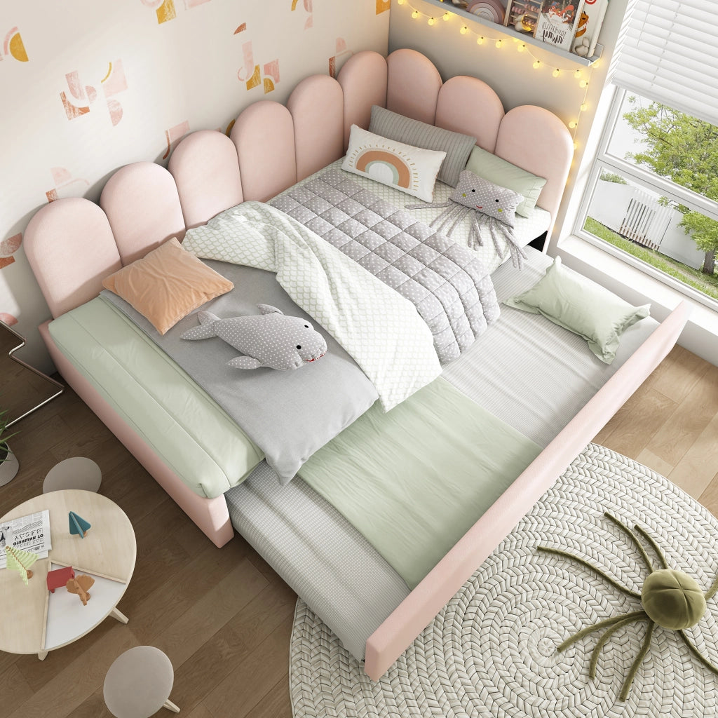 Letto con letto estraibile 90 × 200 cm con secondo letto 90 × 190 cm rivestito in velluto rosa con schienale imbottito