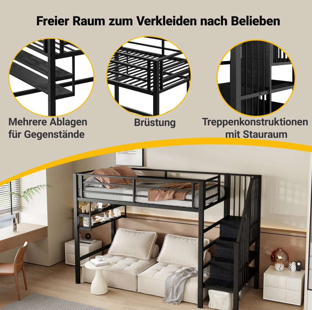 Letto a soppalco per bambini 90x200 cm nero con scaffali