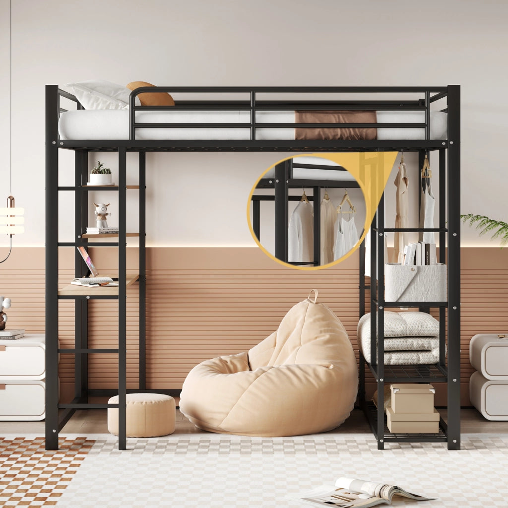 Letto a Soppalco 140x200 cm con Scrivania; Armadio e Ripiani Salvaspazio; Metallo Nero