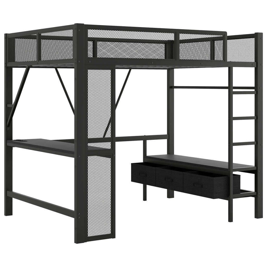 Letto a Soppalco 140x200 cm con Scrivania; Armadio; LED; USB; Scala e Sponde; Nero