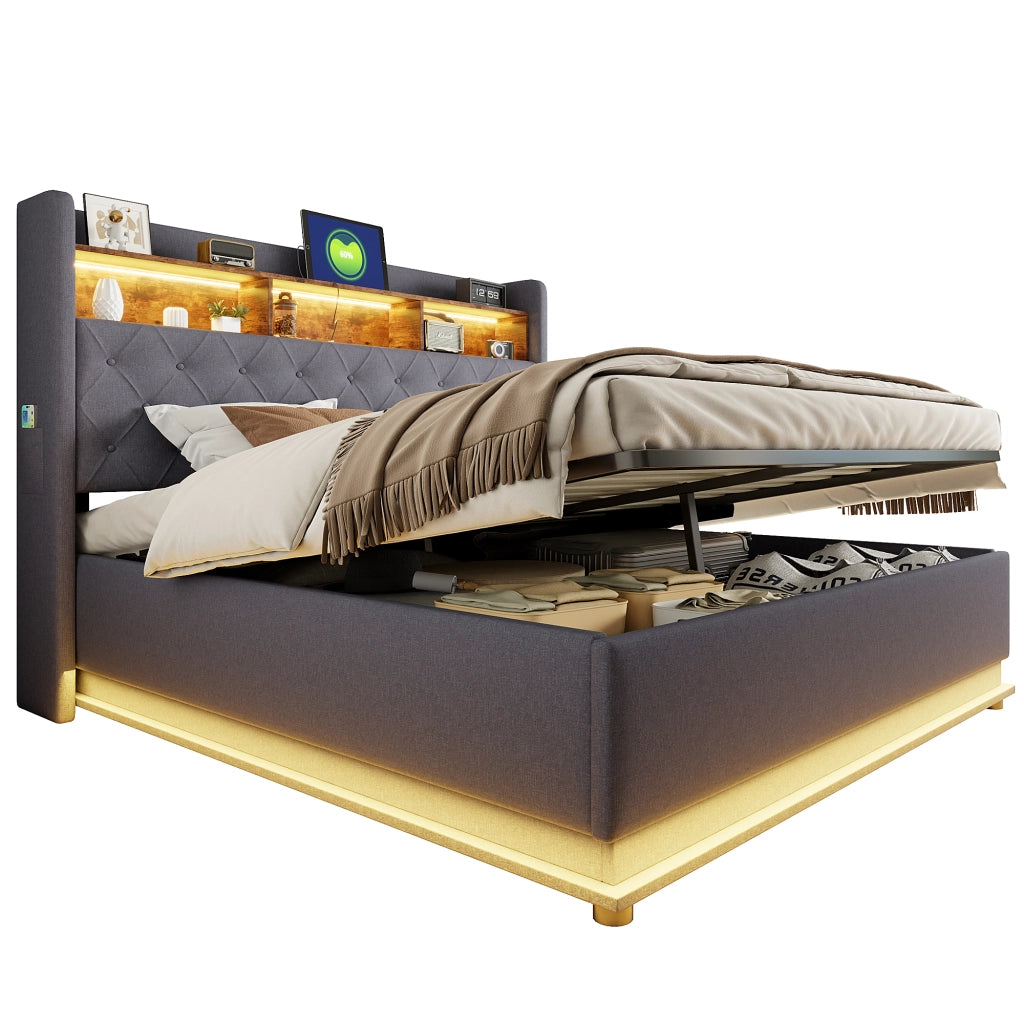 Letto imbottito LED 180 x 200 cm, letto contenitore imbottito con ricarica USB e contenitore idraulico, lino delicato sulla pelle - Grigio