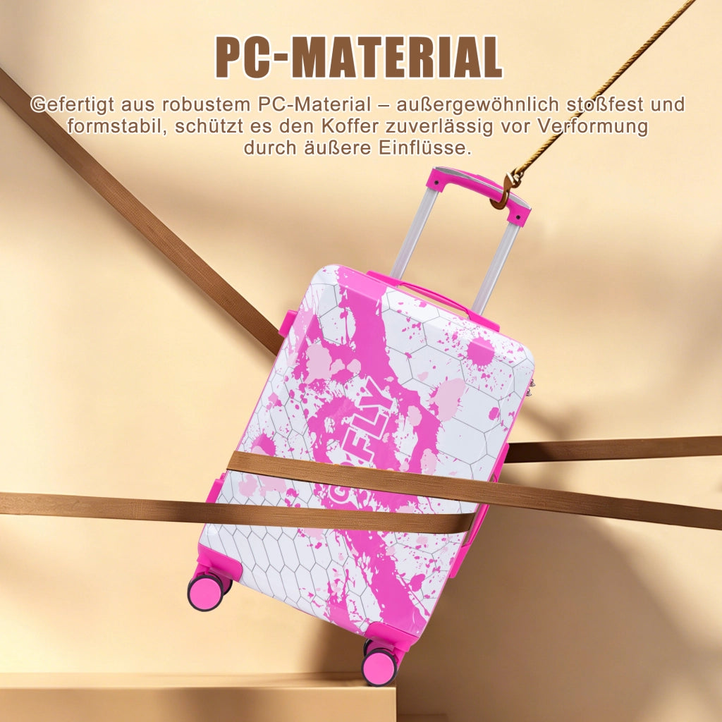 Set di valigie 3 pezzi in PC rosa con stampa a macchie; ruote doppie girevoli a 360° e lucchetto a combinazione
