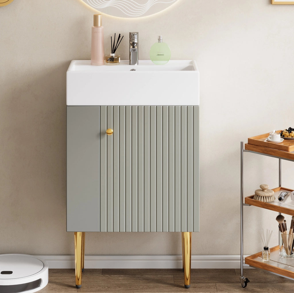 Mobile bagno compatto con lavabo in ceramica lucida e mobile sottolavabo grigio chiaro 55 cm