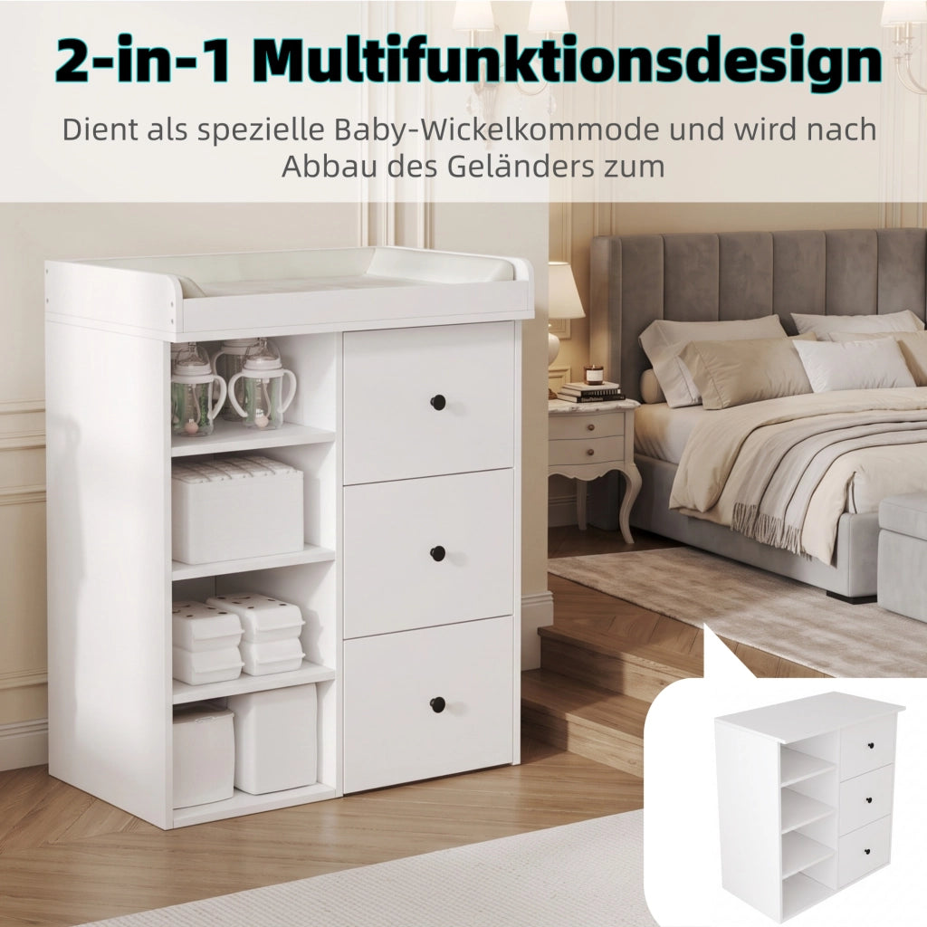 Fasciatoio 2 in 1 con sponda rimovibile; cassetti e vani laterali aperti; MDF bianco e maniglie nere
