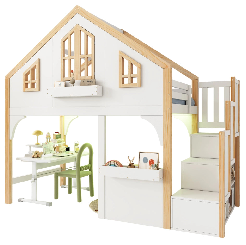 Letto soppalco bimbi 90x200 in legno bianco con LED e scala contenitore