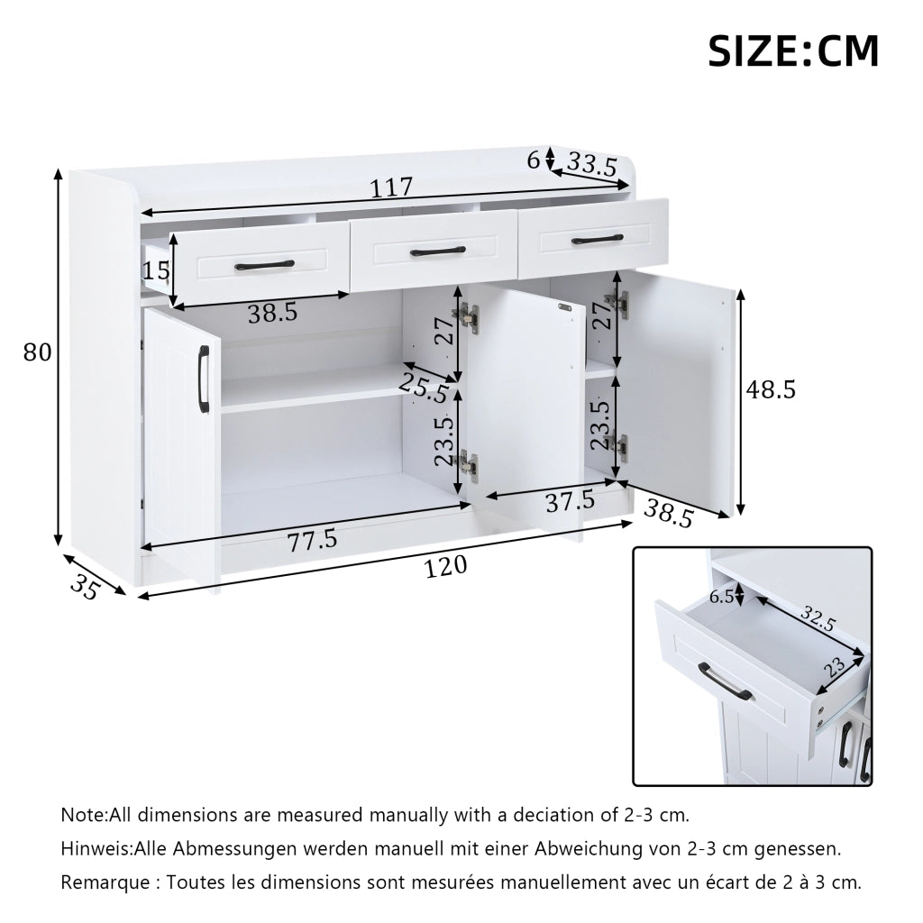 Credenza e madia con 3 ante e 3 cassetti, ripiani regolabili, per soggiorno e ingresso, bianca, 120 × 35 × 80 cm
