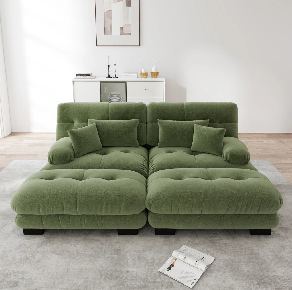 Divano angolare in chenille verde con 2 cuscini lombari, 2 cuscini decorativi e 2 pouf