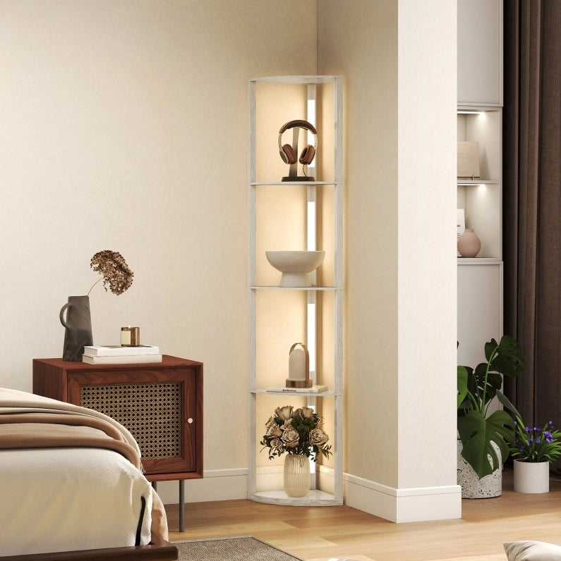Lampada da terra LED dimmerabile con 4 ripiani, luce calda, struttura in quercia 41x30x164 cm