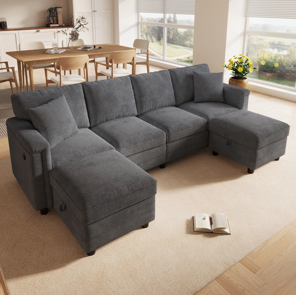 Divano modulare grigio in tessuto Chenille con 2 pouf contenitori e 2 cuscini decorativi, 261×134×82 cm