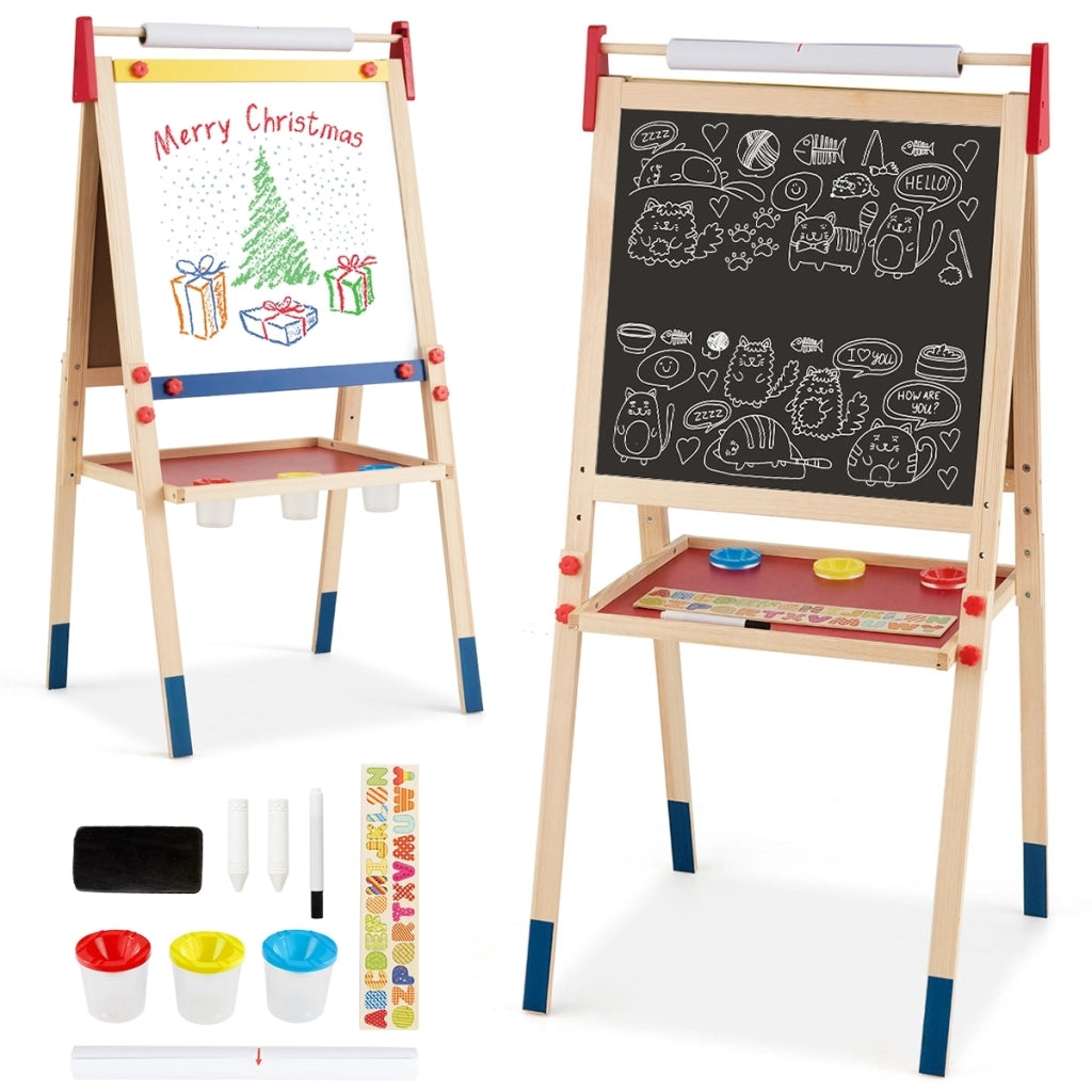 Cavalletto per bambini 3 in 1 in legno con accessori completi, Lavagna e lavagna bianca double face regolabili 50x47cm-Cavalletti e lavagne bambini