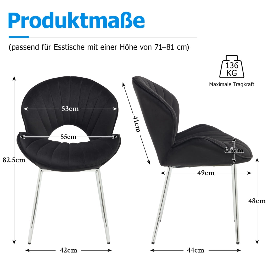 Sedia da pranzo in velluto nero con struttura in metallo, schienale curvo e design senza braccioli