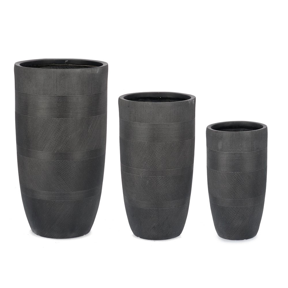 Porta Vaso Piante Alto Tondo Rustico in Fibra di Argilla Rigo Formato: Piccolo, Colore: Antracite