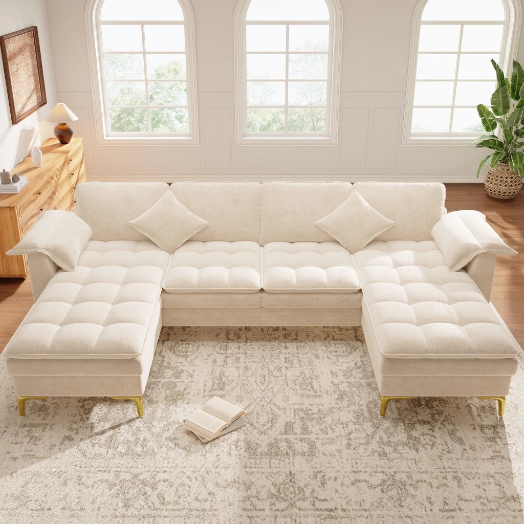 Divano angolare a U modulare 4 posti in ciniglia beige con 2 chaise longue