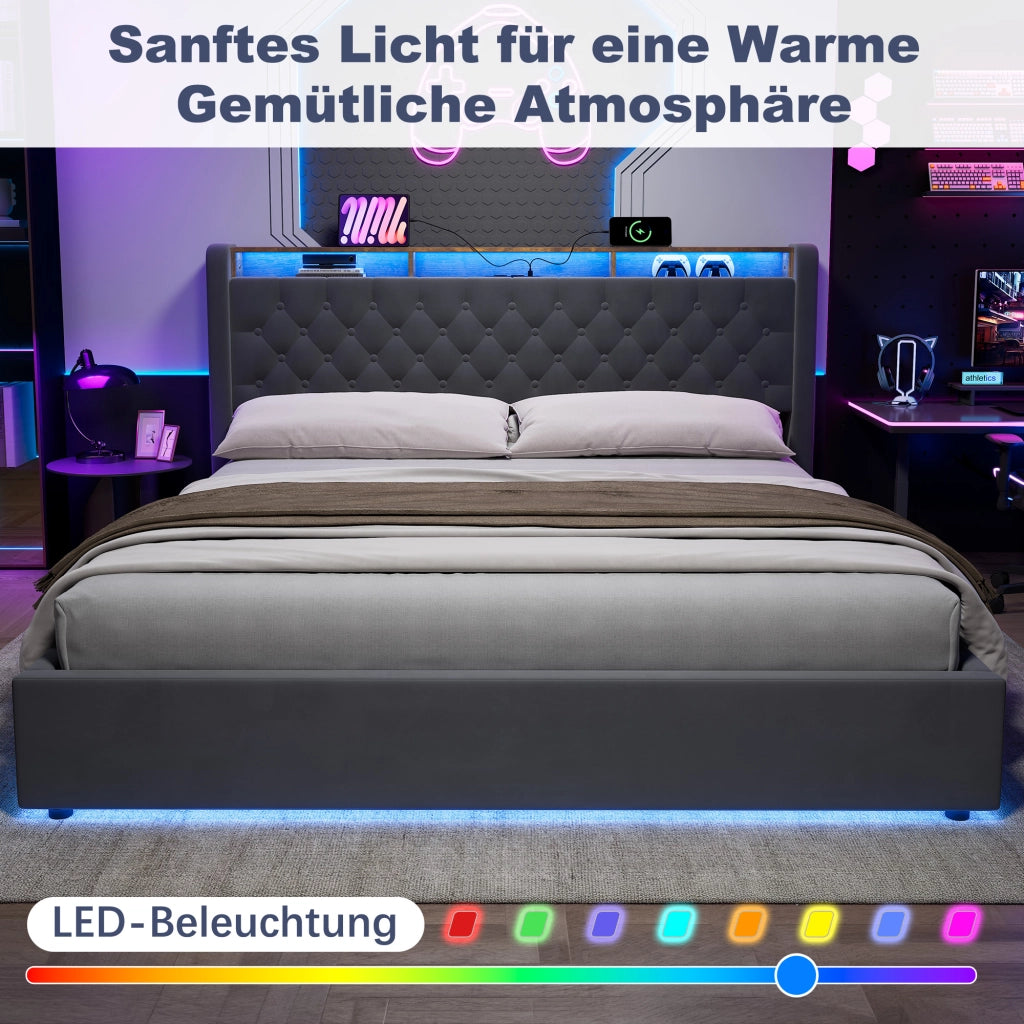 Letto contenitore matrimoniale 180x200 cm;LED;vano contenitore;presa elettrica;testiera reclinabile;base imbottita;grigio scuro;materasso escluso