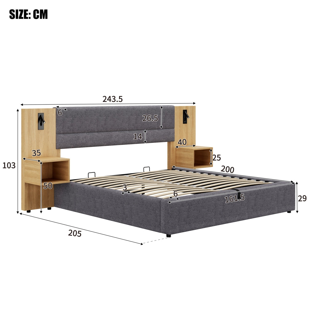 Letto contenitore 160x200 cm con USB, luce e 2 comodini