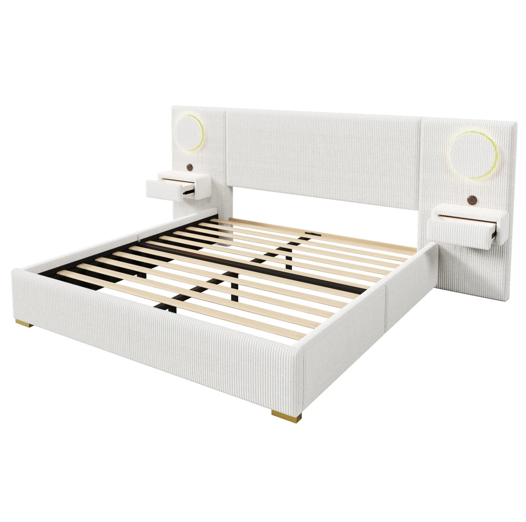 Letto imbottito beige 180x200 cm con LED, USB e comodini