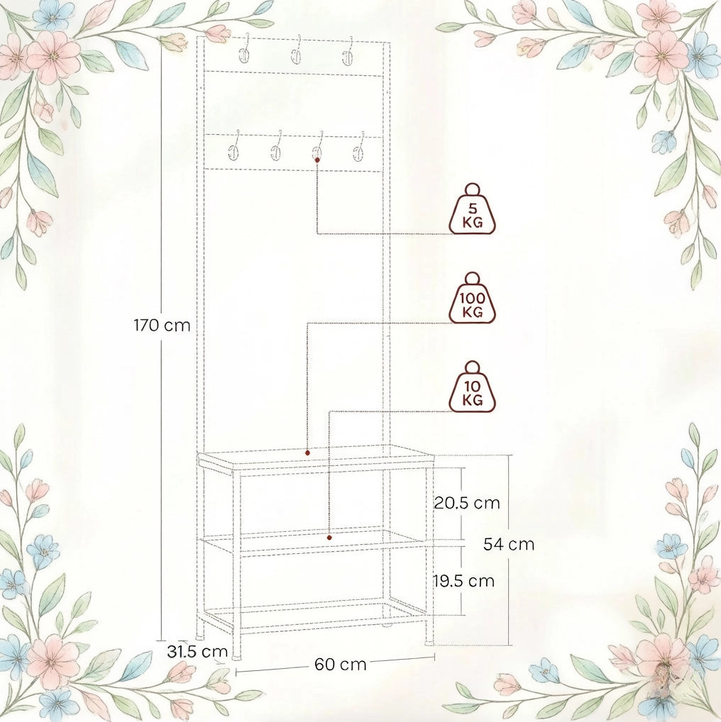 Appendiabiti con panca e scarpiera; 7 ganci doppi e 2 ripiani; 60 ¡Á 31;5 ¡Á 170 cm; bianco