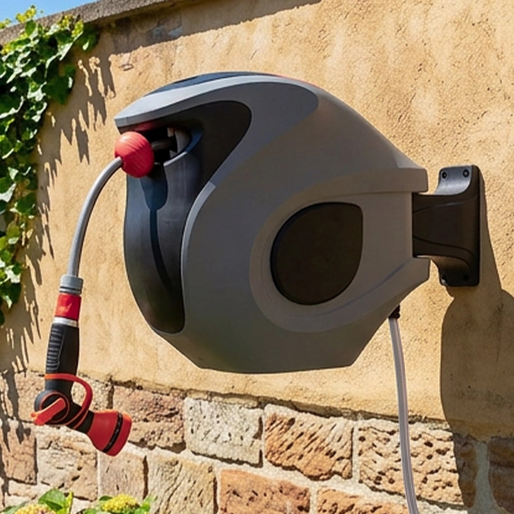 Avvolgitubo Automatico Da 30 m Con Ugello A 9 Getti E Supporto Orientabile 180 Gradi Grigio