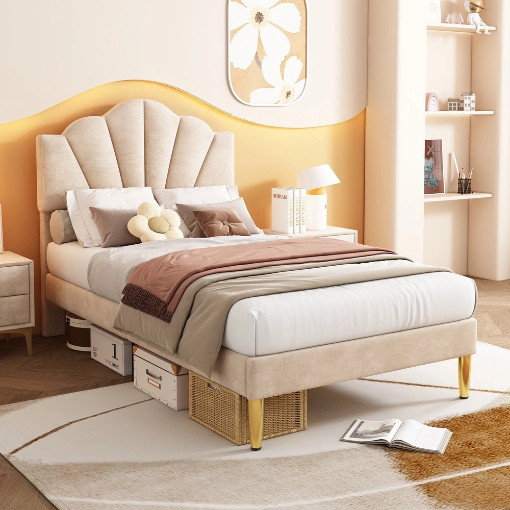 Letto Imbottito in Velluto con Testiera Regolabile ¨C MINIMAL ¨C 90x200, Beige