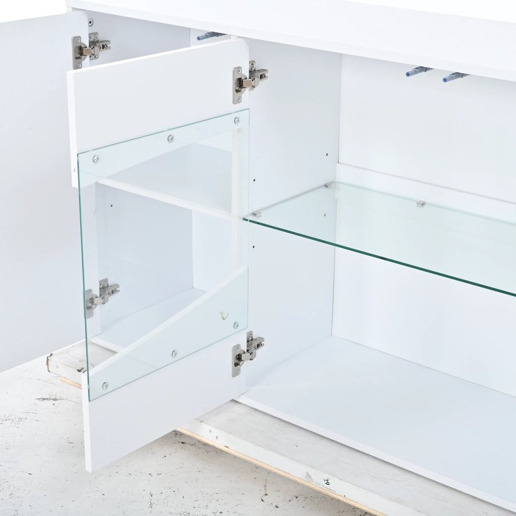 Credenza bianca lucida con illuminazione LED; 160 x 35 x 70 cm; quattro ante; MDF e vetro di sicurezza