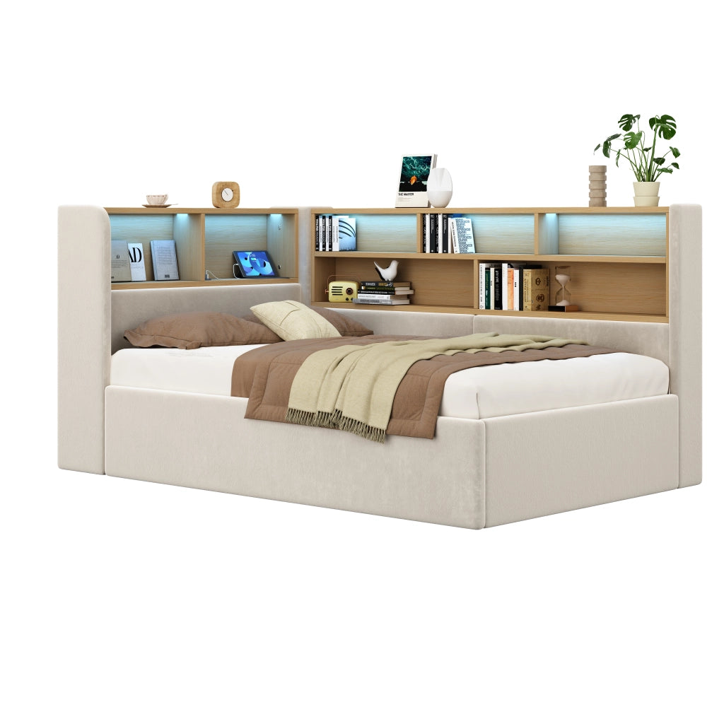 Letto singolo 90x200 cm con contenitore a sollevamento idraulico; LED; USB e velluto beige