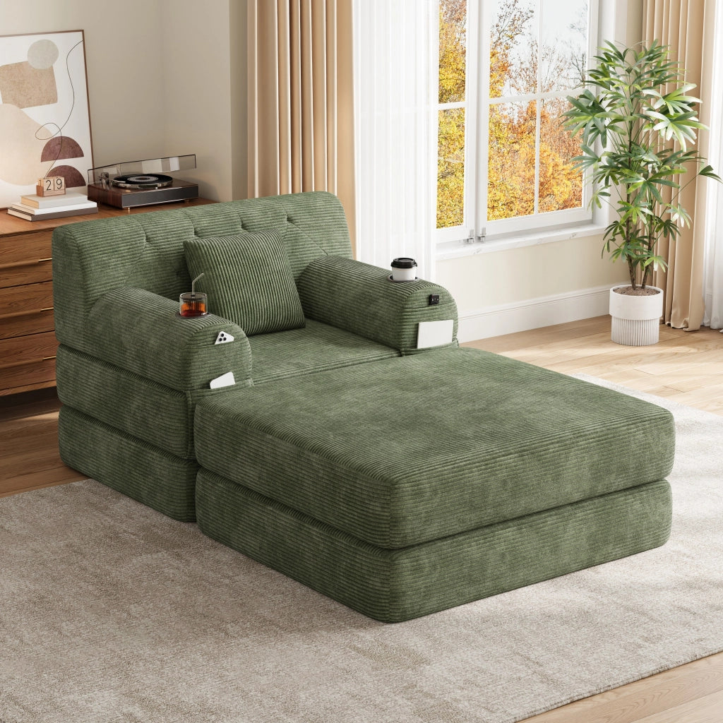 Letto a sedile convertibile 1 con pouf; schienale alto; portabicchieri 2 e tasche laterali 4; velluto a coste; verde