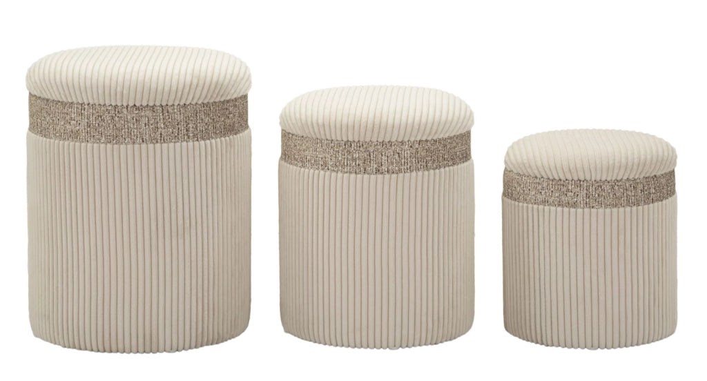 Puff con Contenitore Cortina Crema Set 3 Pz Ø40,5x49,5 cm - Ø35x42 cm - Ø31x38 cm in MDF e Spugna e Poliestere Crema