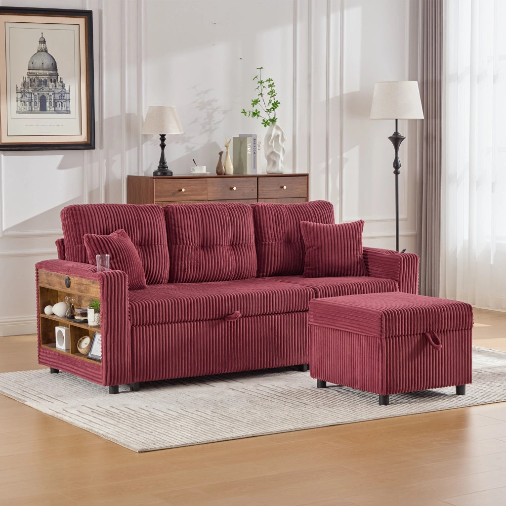 Divano letto modulare con contenitore; USB-C e LED - in velluto a coste - rosso vino