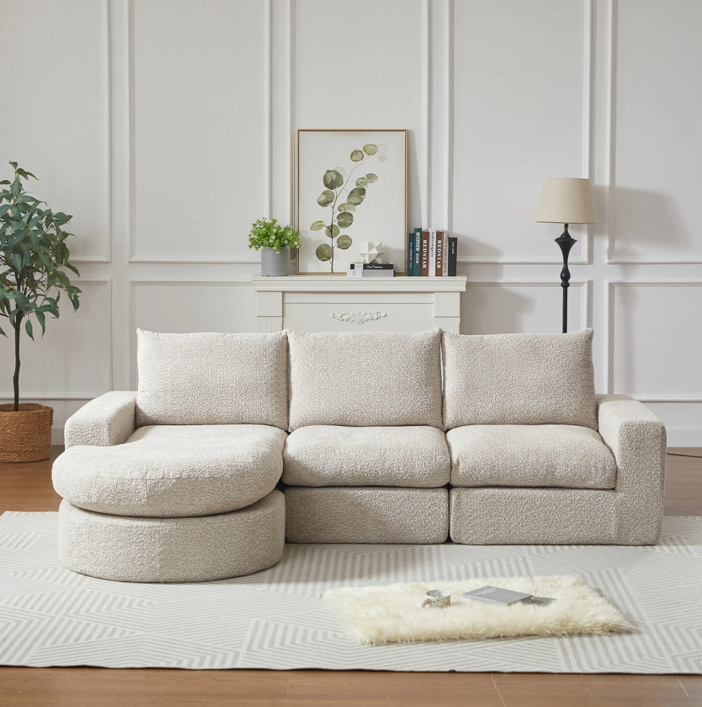 Divano modulare Chenille con chaise longue reversibile e supporto in ferro, schiuma ad alta densità, senza telaio