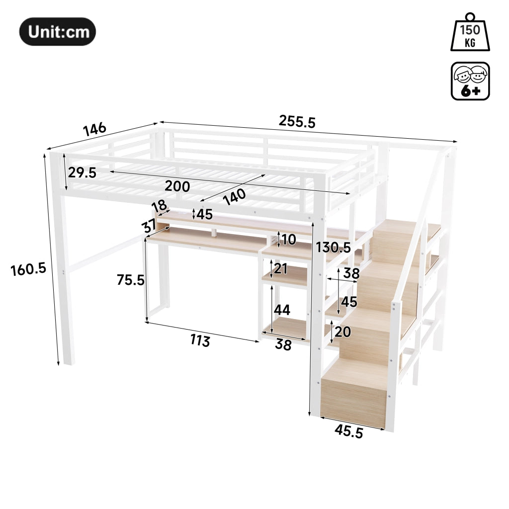Letto a soppalco 140 × 200 cm in metallo e MDF bianco con armadio scala ripiani LED USB e USB C