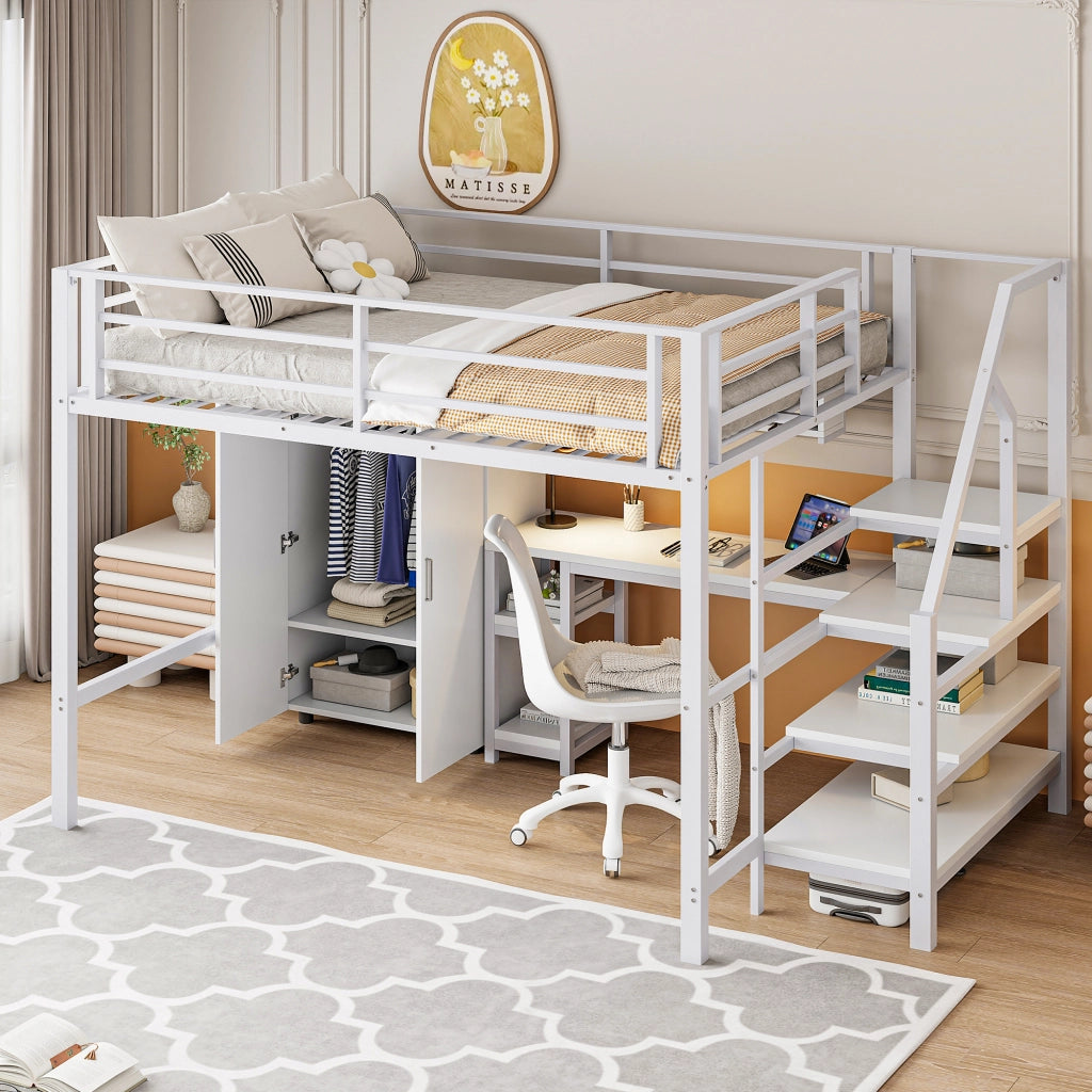 Letto a soppalco 140 × 200 cm con scrivania armadio scaffali e scala contenitore in metallo e MDF bianco