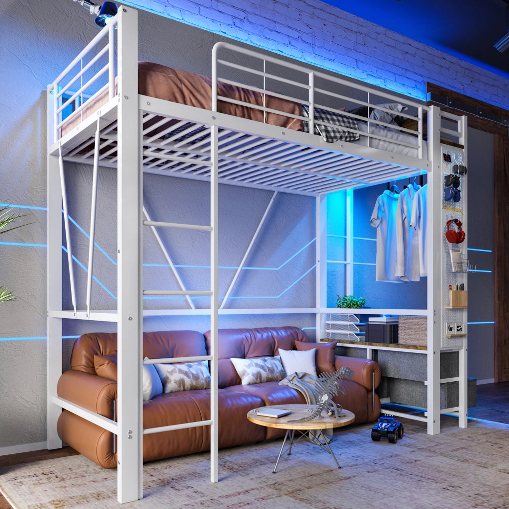 Letto a soppalco 90 × 200 cm con 4 cassetti LED prese USB e Type-C in metallo e MDF bianco