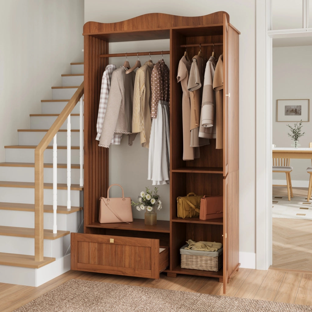 Guardaroba aperto con specchio intero barra appendiabiti ante e cassetti in MDF color noce 115.5 × 38.5 × 194.5 cm