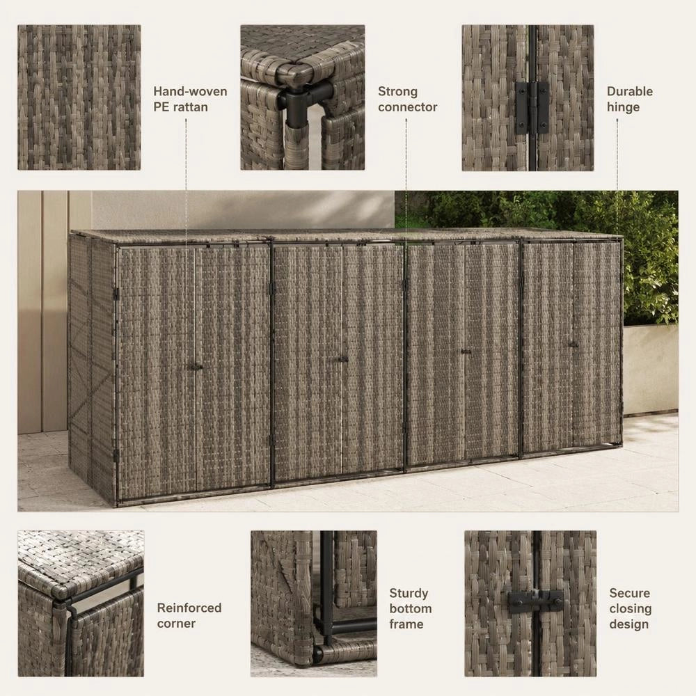 Garbage Can Storage Unit For 4 Bins, Grey, 274x80x117 Cm, Poly Rattan