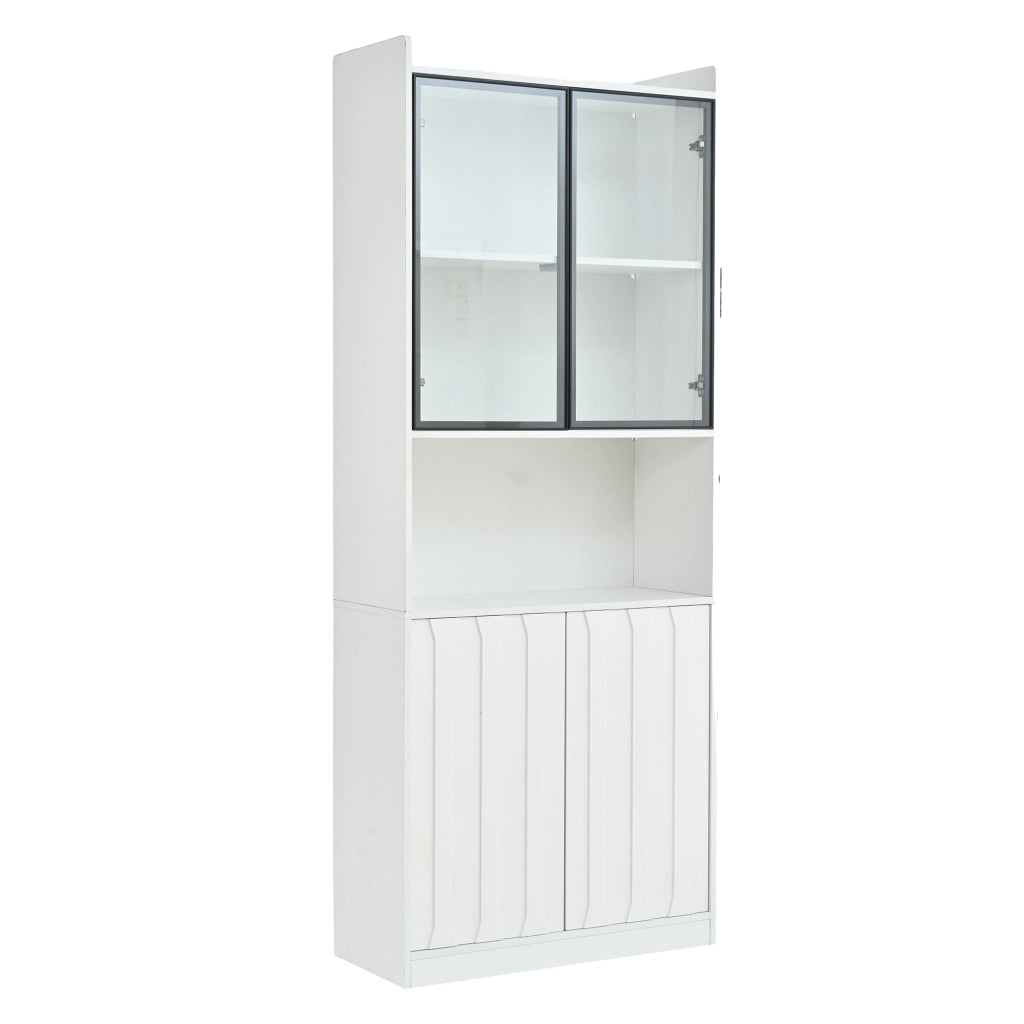 Vetrina con LED, 4 ante, 5 vani e ripiani regolabili per soggiorno e cucina in truciolare bianco, 80 × 35 × 200 cm