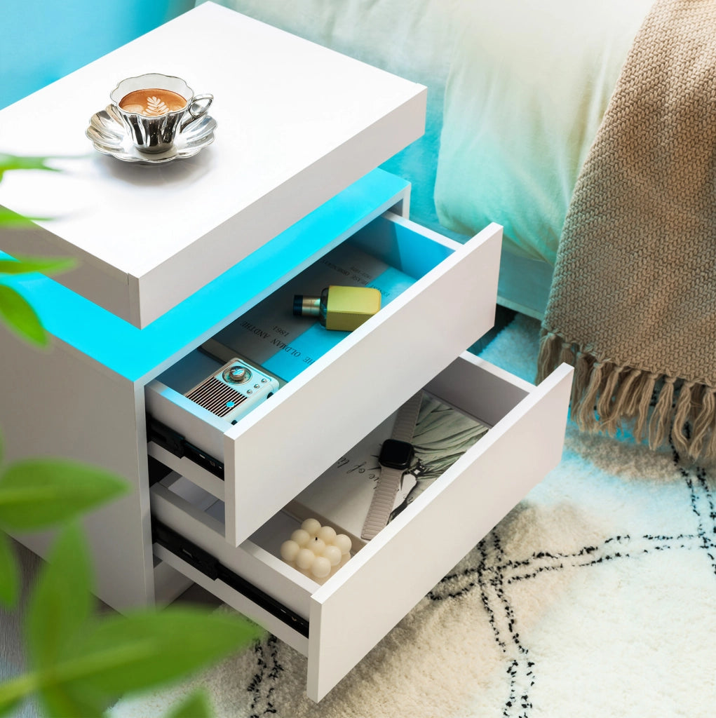 Comodino Moderno Bianco con Luci LED Regolabili e 2 Cassetti per Camera da Letto