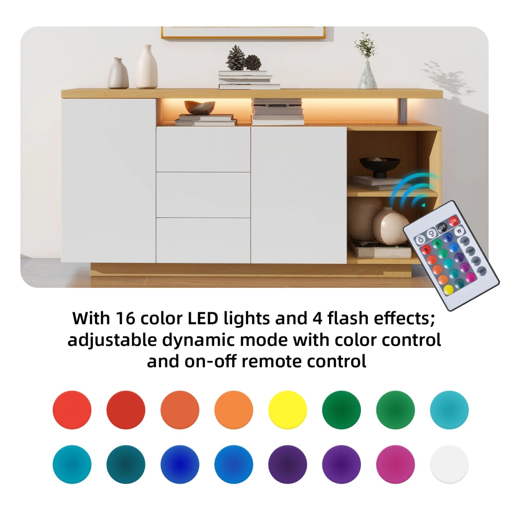 Credenza e madia LED con 2 ante, 3 cassetti e 2 nicchie in truciolare bianco e rovere chiaro, 140 × 40 × 70 cm
