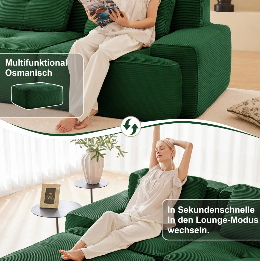 Divano modulare 4 posti senza braccioli in velluto a coste verde con chaise longue a U