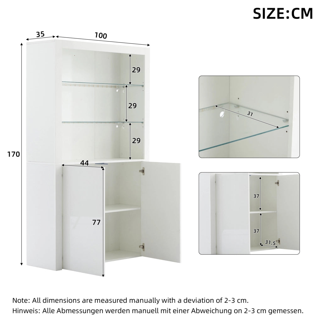 Vetrina con LED a 16 colori; 100 x 35 x 170 cm; MDF; vetro temperato; bianco lucido