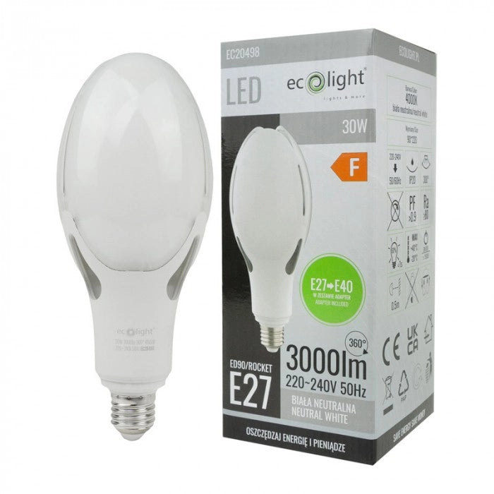 Ecolight lampadina LED 30W 3000lm 4000K E27/E40 adattatore