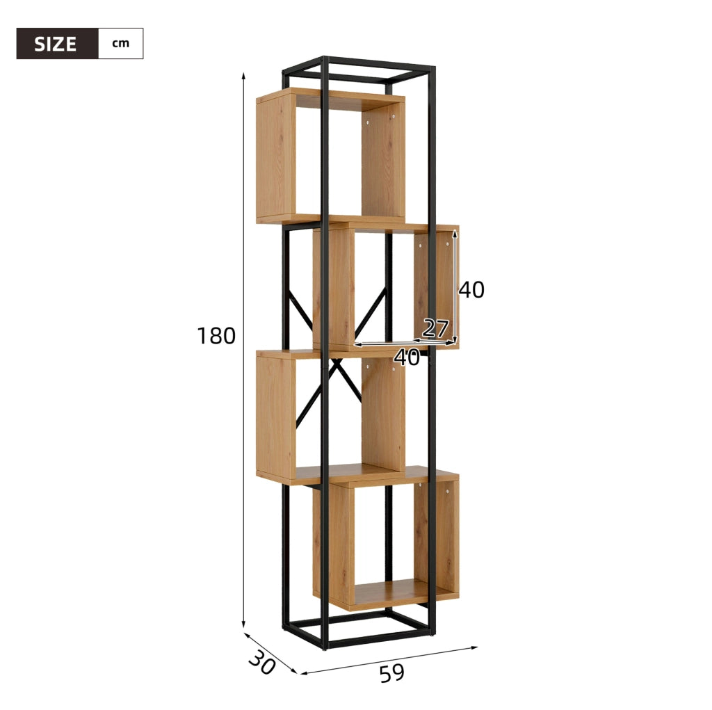 Scaffale verticale a 4 vani in MDF e ferro; nero e marrone; 59×30×180 cm